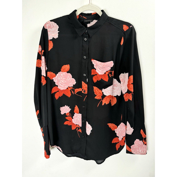 Who What Wear Tops - Who What Wear Dark Floral Whimsygoth Feminine Classy Office Sheer Button Up Top